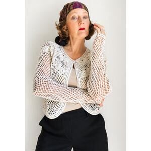 Vintage 90s Cream White Cardigan Cropped Sweater Size L Boho cottagecore